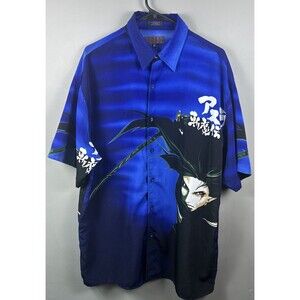 Matchone Vintage Samurai Anime Shirt Men XL Blue Collared Short Sleeve Y2K